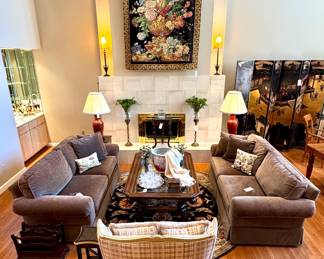 ($900- each- velvet Henredon 2 cushion sofa- excellent condition- 2 available- 81x35x31), ($500- oversized French Provincial custom upholstered down-filled chair- 38x38x25), ($1200- hand-finished tapestry woven by Flemish Tapestries Group with COA- "Flower Still Life"- made in Belgium- 78x52"), ($220- Pair of vintage ornate brass candlesticks with hurricane glass shades- 34x7), ($180- each- vintage chinoiserie table lamp- 2 available- 38"H)