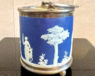 ($210- Wedgewood Jasperware dark blue biscuit barrel- 6.5x5")