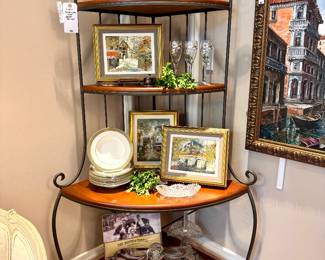 ($450- Drexel Heritage 4 shelf baker's rack- 35x29x75), ($100- vintage Sheffield silver-plate covered chaffing dish- 11.5x10.5x13), ($250- 2nd shelf from top-custom framed European city scene oil painting- 12x10"), ($40- set of 4 floral champagne glasses), ($250- 3rd shelf from top- in back- custom framed European street scene oil painting- 10x12"), ($250- 3rd shelf from top- in front- custom framed Parisian oil painting-  12x10"), ($50- vintage footed silver-plate covered serving dish) 