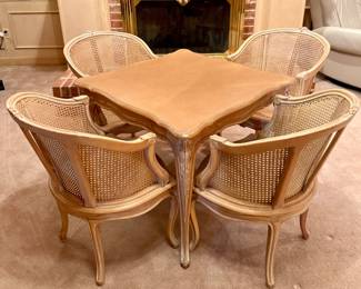 SOLD. Game table w/ 4 cane back chairs by Karges. Great condition! And perfect for your mahjong night! Table 32 x 32. 