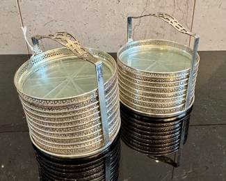 ($200- antique Webster sterling silver and crystal coasters-10- in caddy- 4"H), (($200- antique Webster sterling silver and crystal coasters-10- in caddy- 4"H), ($160- antique Webster sterling silver and crystal coasters-8- in caddy- 4"H)