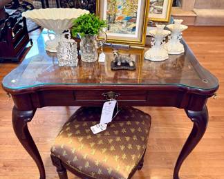 ($400- Hekman game/accent table with curved legs- Perfect for Mah-Jong 33.5x33.5x29.5), ($250- Custom framed Parisian street scene painting- 12x10), ($40- Rosenthal Studio lead crystal vase "Paper Bag"- 3x2.5x3.75), ($60- vintage Neiman Marcus lead crystal creamer), ($60- Lenox Aquarius centerpiece bowl- 12x7), ($40- pair of Lenox candle stick holders- 6" tall), ($10- Scottie Terrier figurine- 4x2x4), ($80- vintage resin urn/incense burner- 11x17)