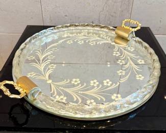 ($100- Close up- Italian mid-century etched glass serving tray)