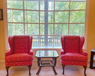 Pair of Upholstered Wingback Armchairs & Octagonal Glass Top Side Table