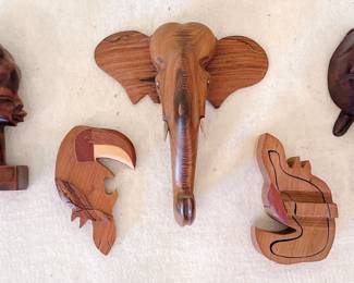 Carved wooden elephant wall hanging, handcrafted wooden toucan puzzle box, handcrafted wooden turtle tortoise figurine 