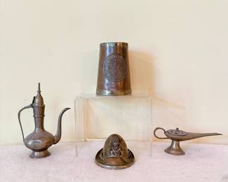 vintage mexican copper and brass metalware aztec mayan calendar mug, bronze brass german hiking hat paperweight