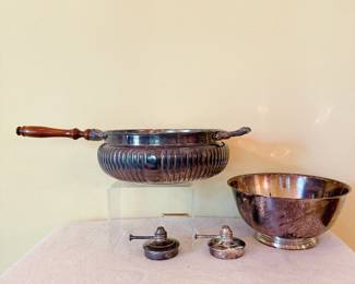 Sheridan Silver Co silver-plated chafing dish, antique silver plated oil burners, Paul Revere style reproduction Oneida silver plated pedestal bowl 