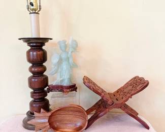 Chinese carved jadeite figurine of a lady or guan yin, vintage hand carved wooden rehal, turned wood lamp base 