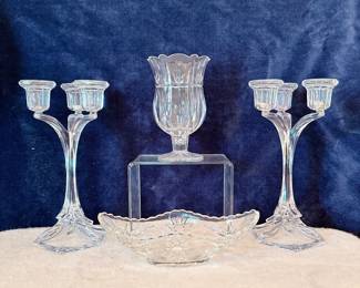 block crystal tulip garden hurrican candle holder or vase, cristal d'arques lead crystal candelabra, anchor hocking prescut clear glass star of david banana dish