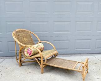 Vintage Coastal Woven Rattan Lounge Chair with Extending Footrest ->  can be purchased ahead of time on our website: https://www.pureandsimplecarolinas.com/shop/gastonia-presales