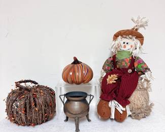 Two's Company Art Glass Pumpkin, Natural Woven twig pumpkin decor, copper cauldron