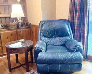 Navy Leather Recliner and Circular Wooden Side Table
