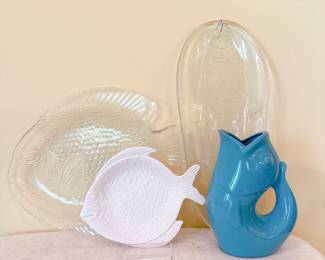 Gurgle Pot pitcher, arcoroc glass fish plate, Vintage Kosta Boda Glass Salmon Platter