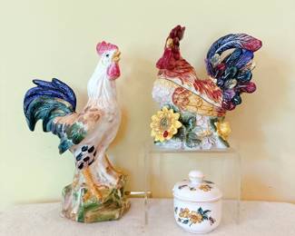 Ceramic rooster cookie jar, hand painted colorful ceramic rooster figurine, villeroy and boch jam or honey covered jar 