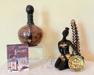 Leather wrapped decanter "old world" map design, Garnier Liqueurs bottle from France 