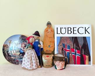 Paddy Royal Doulton Character mug, Swedish cowbell, Hummell apple tree boy and girl plate, handmade Austrian burlap dolls