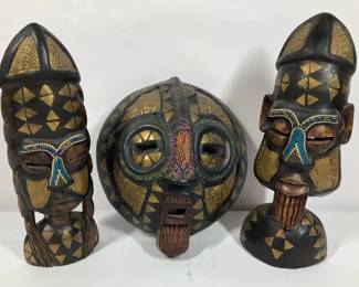 African Style Carved Mask and Bust Decor Set