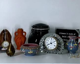 Decorative Home Decor Lot with Glassware, Clocks and Pottery