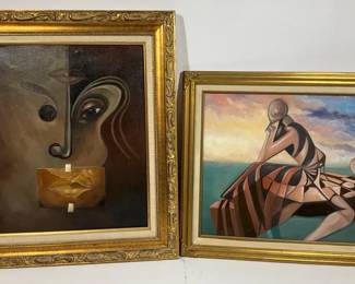Contemporary Abstract Artwork Pair in Gold Frames