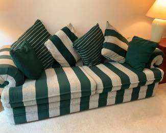 Green and White Striped Sleeper Sofa with Pillows And Matching Lamps
