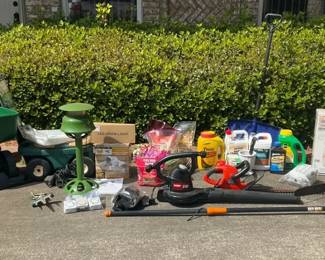 Scotts Turf Builder Broadcast Spreader with Lawn Care Tools, Chemicals, and Yard Accessories