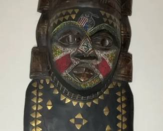 HandCarved Wooden African Mask with Beaded and Metal Inlay Accents