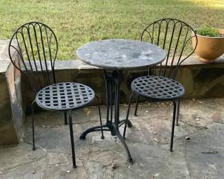 Round StoneTop Bistro Table with Two Metal Chairs