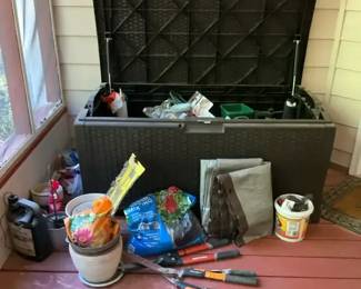 Gardening Delight Outdoor Resin Deck Storage Box with Gardening Tools and Supplies