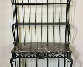 Wrought Iron Bakers Rack with Marble Top and Shelving