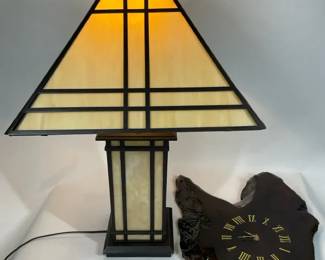 004 Mission Style Stainglass Table Lamp  Wood Slab Wall Clock
