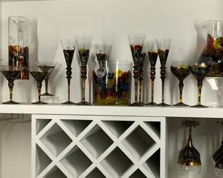 Hand Painted Art Glass Stemware and Pitcher Set