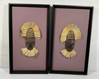 African Style Mask Wall Art Set Straw Hair Decor