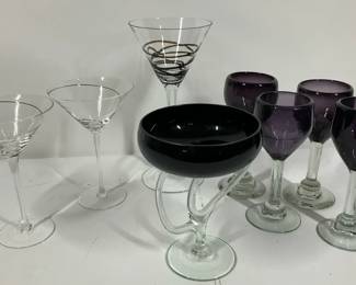 Stemware Set Including Martini Glasses and Purple Goblets