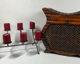MultiArm Metal Candelabra and Lidded Woven Wood Basket