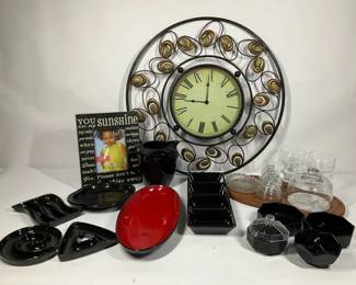 Large Wall Clock with Assorted Home Dcor and Serving Pieces