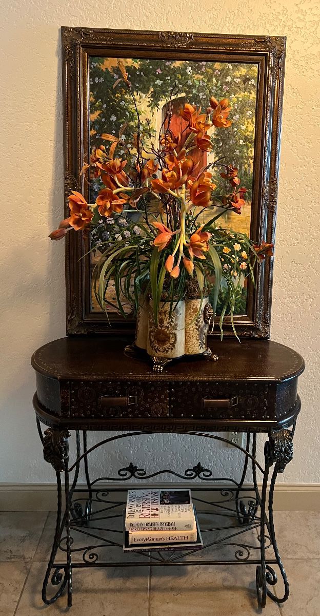 Painted wrought iron console table, floral, print