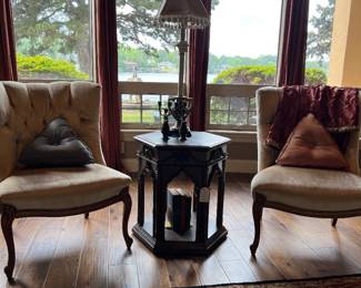 Button Tufted carved back chair, occasional table, lamp