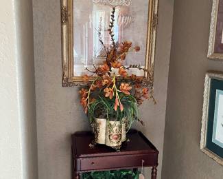 Mahogany Finish rolling side table, florals, prints