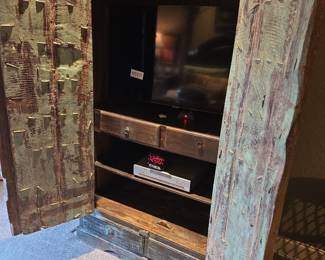 Open Carved Distressed wood w/metal studs media cabinet