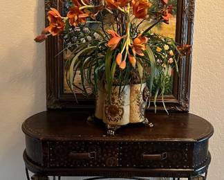 Painted wrought iron console table, floral, print