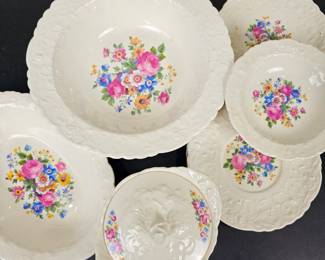 Lot #B168 - Pope-Gosser Rose Point China Floral Pattern Oval Serving Bowls & Saucers Set