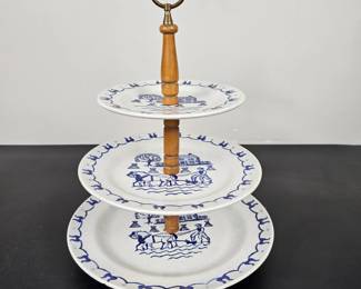 Lot #B23 - Vintage Metlox Poppytrail Homestead Provincial Blue 3-Tier Serving Plate Stand Hand Painted
