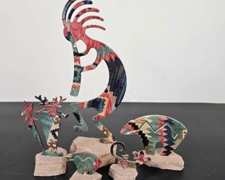 Lot #B20 - Lazart Metal Sculptures on Sandstone Bases Native American Style Kokopelli Shaman Bear Lizard