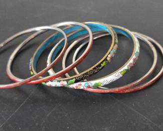Lot #B49 - Vintage Cloisonné Floral Enamel Bangles Set on Silver & Gold Tone Metal
