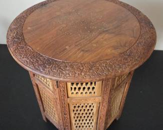 Lot #B43 - Vintage Indian Sheesham Wood Hand Carved Dining Folding Table Wooden Accent Table with Intricate Floral Detailing