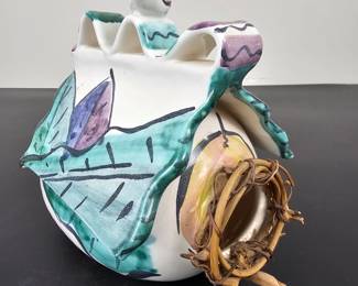 Lot #B142 - Whimsical Hand-Painted Ceramic Birdhouse Unique Decorative Art