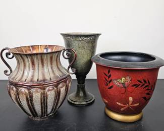 Lot #B94 - Vintage Decorative Accent Pots and Vase Set with Hand Painted Design