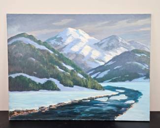 Lot #B15 - Original Oil Painting on Canvas Unsigned Winter Mountain Landscape Featuring Snow-Capped Peaks and River Scene