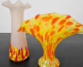 Lot #B129 - Vintage Czechoslovakia Art Deco Spatter Art Glass Vases Hand Blown