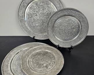 Lot #B119 - Vintage Persian Metal Decorative Plates with Intricate Repoussé Metalwork Detailing Mythological/Daily Life Scenes